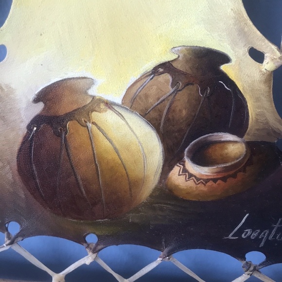 Rustic handpainted on leather & wood sticks frame Native American oil painting - Picture 16 of 16